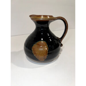 Hand Slung Studio Art Pottery Small Pitcher Dark Brown Glaze W/Areas Of Lt Brown